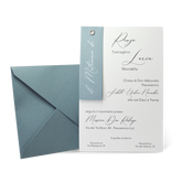 Partecipazione Matrimonio rettangolare con talloncino Celeste Polvere e occhiello  - Codice F1769